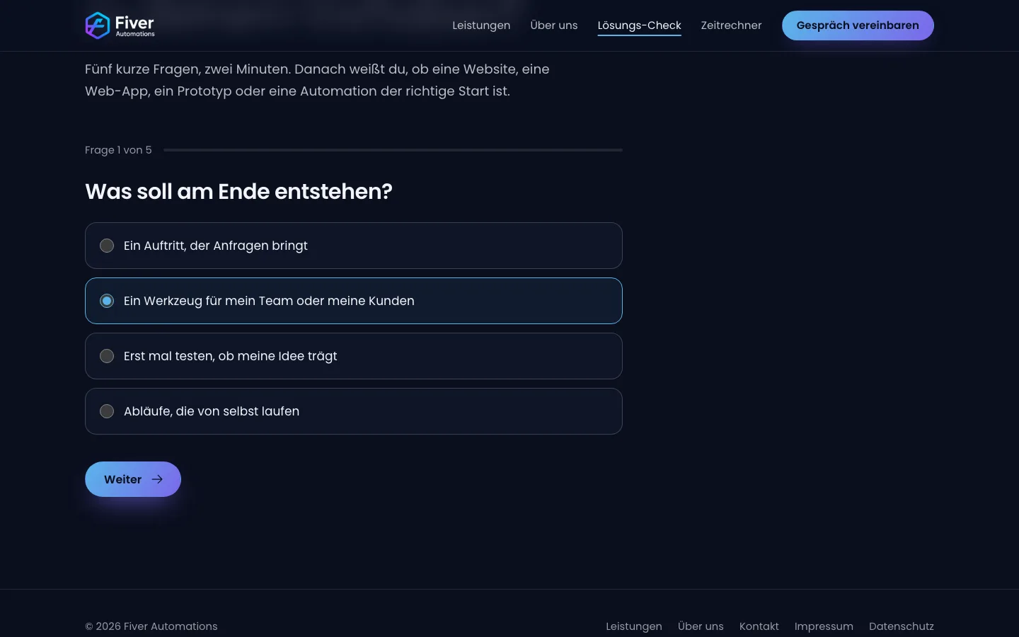 Lösungs-Check von Fiver Automations: Frage mit vier Antwortmöglichkeiten